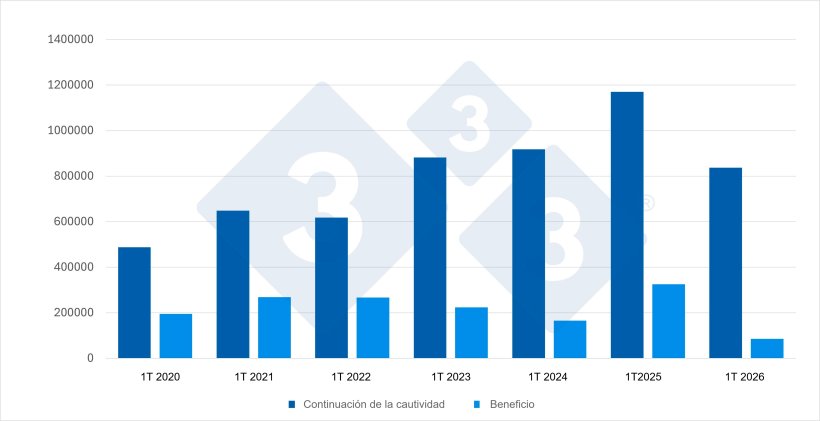 Gr&aacute;fico 1. Evoluci&oacute;n de las importaciones espa&ntilde;olas durante el 1T de porcinos destinados a continuaci&oacute;n de la cautividad y a sacrificio. Fuente: 333 a partir de datos del MAPA.
