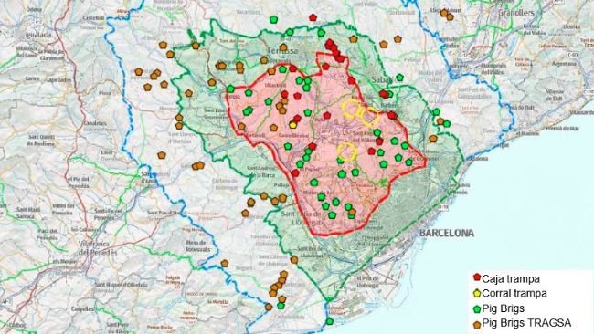 Localización de las cajas trampa, Pig Brigs y corrales de capturas a fecha 7 de julio de 2026 (Fuente: Cos d’Agents Rurals. Generalitat de Catalunya.)