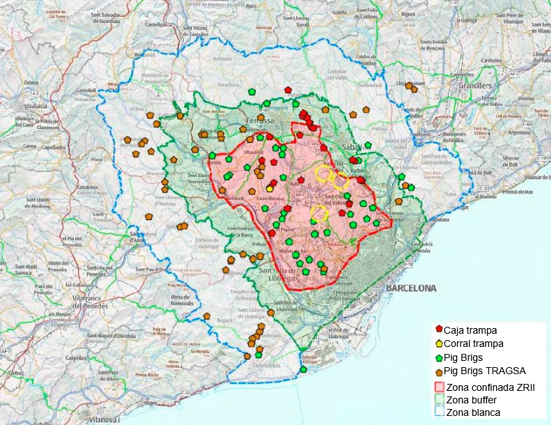 Localización de las cajas trampa, Pig Brigs y corrales de capturas a fecha 7 de julio de 2026 (Fuente: Cos d’Agents Rurals. Generalitat de Catalunya.)