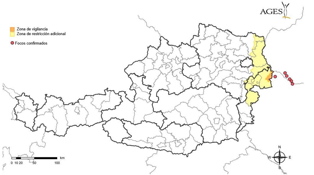 Focos de fiebre aftosa en Hungría y Eslovaquia confirmados entre el 1 de enero de 2025 y el 26 de marzo de 2025 y zonas de restriccion y vigilancia implementadas en Austria. Fuente: AGES.