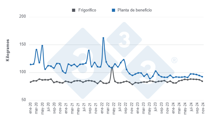 Gráfico 2: Evolución de los pesos de la carcasa en frigoríficos y plantas de beneficio entre 2020 y 2024. Elaboración y cálculos: Departamento de Economía y Sostenibilidad de 333 Latinoamérica con datos de SENACSA