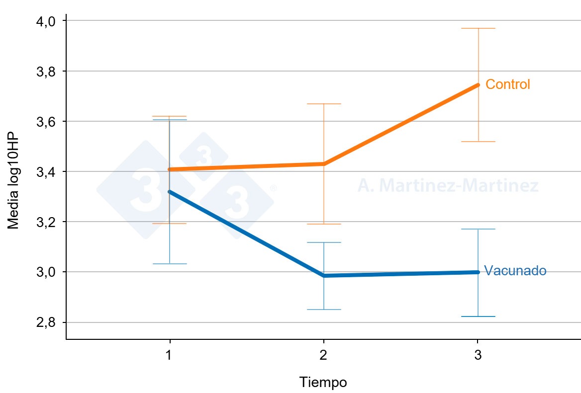 Gráfico 1: Niveles de haptoglobina en la saliva de dos grupos de cerdos uno vacunado y otro no vacunado. Barras de error: 95% CI. Fuente: A. Martinez-Martinez.