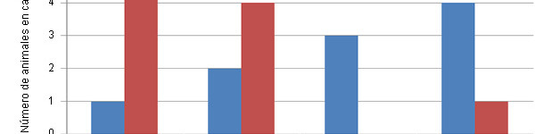 Distribuci&oacute;n de la severidad de las lesiones en el cart&iacute;lago (escala de 0 a 3) de animales control o con una dieta con Cu/Mn unidos a amino&aacute;cidos.