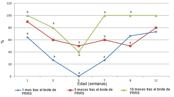 Proporción de seropositivos mediante IPMA (ensayo de inmunoperoxidasa en monocapa) a una dilución de 1:500 en los meses 1, 5 y 10 tras el brote de PRRS, en lechones de 1, 3, 5, 7, 9 y 11 semanas de vida. Las letras diferentes (a,b) indican diferencias significativas entre la proporción de cerdos seropositivos a 1, 3, 5, 7 y 9 semanas de vida (p < 0,05).