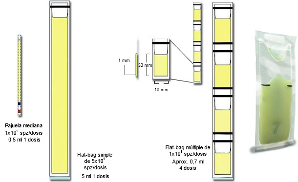  Representaci&oacute;n esquem&aacute;tica de las principales diferencias entre las mini-pajuelas pl&aacute;sticas de 0,25 ml, con Flat-bags simples (5 ml) y m&uacute;ltiples  (de 0,5-0,7 ml)
