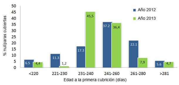 comparativa de edad a la primera cubrición entre el año 2012  y 2013