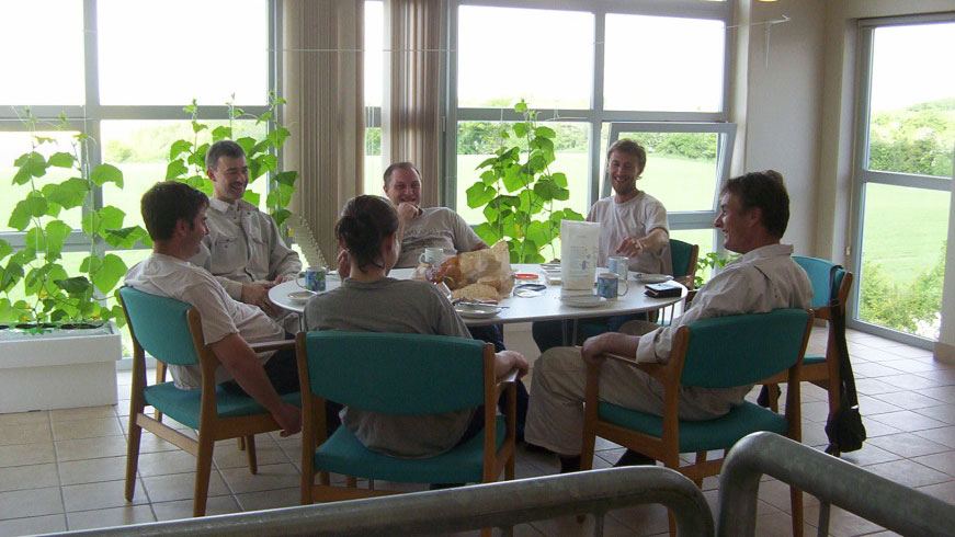 Reunión diaria a la hora del almuerzo para hablar de lo que tenemos hoy en la granja