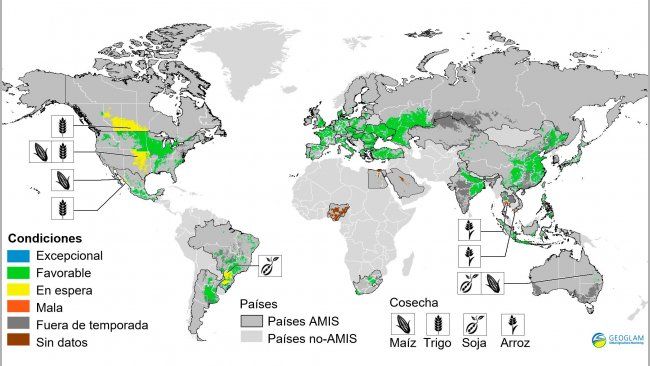 Figura 2. Condiciones de las cosechas en países AMIS (a 28 de marzo). Fuente GEOGLAM