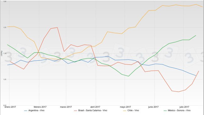 Gráfica 1. Cotizaciones del cerdo durante el primer semestre de 2017 en Brasil, México, Argentina y Chile. Fuente: Tablero de cotizaciones del cerdo en www.3tres3.com