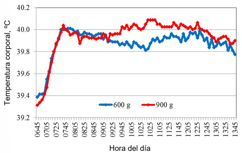 Figura 2. Temperatura corporal promedio registrada después de que se ofreció el alimento a las 0700 h.