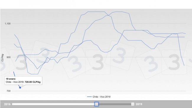 Gr&aacute;fico 1. Evoluci&oacute;n de las cotizaciones en los &uacute;ltimos 3 a&ntilde;os en el mercado porcino chileno.
