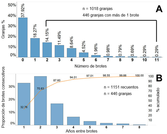 Figura 2. Frecuencia de los brotes de PRRS reportadas a la base de datos del Proyecto de monitoreo de salud porcina de Morrison (MSHMP). A. Porcentaje/proporci&oacute;n de granjas por el n&uacute;mero de brotes reportados desde 2009. B. Eje izquierdo: Porcentaje/Proporci&oacute;n de brotes consecutivos categorizados por los a&ntilde;os entre esos brotes en la subpoblaci&oacute;n de granjas que reportaron m&aacute;s de un brote. Eje derecho: Porcentaje acumulado de los pares de brotes.
