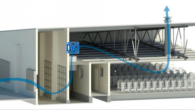 Ilustraci&oacute;n 2: Edificio de gestaci&oacute;n con sistema de impulsi&oacute;n de aire filtrado por sobrepresi&oacute;n y extracci&oacute;n no mecanizada.
