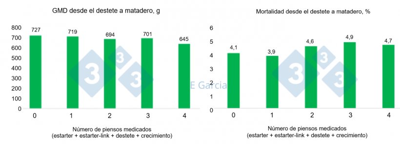 Figura 1. Datos de 60 granjas que muestran la disminuci&oacute;n de la ganancia media diaria y el aumento de la mortalidad en las granjas que usan m&aacute;s antibi&oacute;ticos. El n&uacute;mero de piensos medicados es 1 = pienso estarter, 2 = pienso estarter + estarter-link, 3 = pienso&nbsp; estarter + estarter-link + destete, 4 = pienso&nbsp; estarter + estarter-link + destete + crecimiento.
