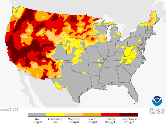 Figura 1. Mapa de sequ&iacute;a en los EEUU a 3 de agosto de 2021 (Fuente: www.climate.gov &ndash; NOOA)
