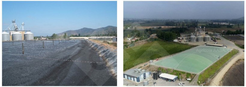 Balsa de purines antes y despu&eacute;s de ser cubierta para evitar emisiones de NH3 y recuperar CH4 para su uso energ&eacute;tico. Fotos del autor (izquierda) y de Agr&iacute;cola AASA, Chile (derecha).
