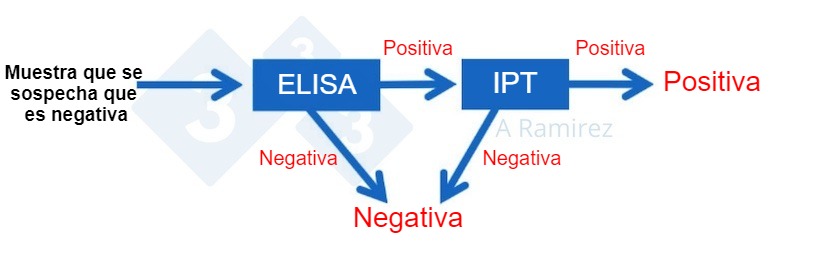 <p>Figura 3. Diagrama que demuestra el uso de PPA IPT&nbsp;como prueba confirmatoria para muestras que salen inesperadamente positivas a PPA&nbsp;mediante ELISA. Una muestra presuntamente negativa que da un resultado negativo en ELISA se considera negativa. Si esta muestra da inesperadamente un resultado positivo, entonces se puede realizar una PPA IPT como prueba confirmatoria. Es decir, si la prueba de IPT es positiva, se confirma que la muestra es positiva. Si la prueba de IPT es negativa, asumiremos que fue un falso positivo siempre que la PCR tambi&eacute;n sea negativa para confirmar que no hay infecci&oacute;n reciente.</p>
