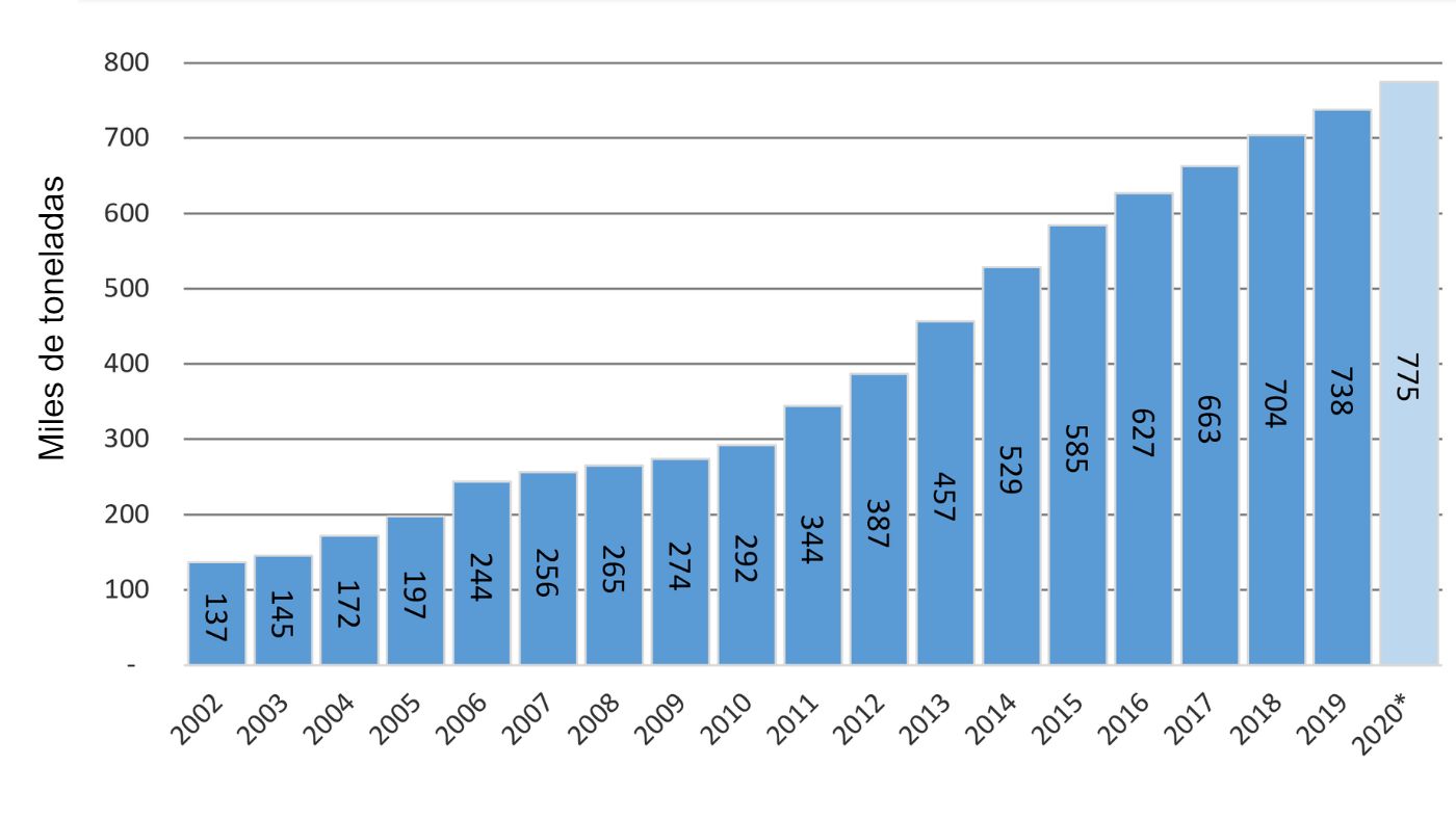 Gr&aacute;fico n&ordm;1. Evolu&ccedil;&atilde;o da produ&ccedil;&atilde;o 2002/20. Fonte: MAGyP e dados pr&oacute;prios - dados projetados para o ano 2020.
