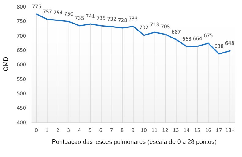 Figura 2: Valor do GMD (gramas) em fun&ccedil;&atilde;o do escore da les&atilde;o pulmonar (escala de 0 a 28 pontos). Adaptado de Pagot et al. (2007).
