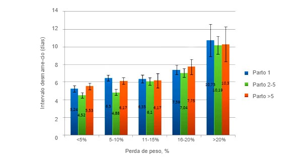 Imagem&nbsp;2. Perda de peso de acordo com o n&uacute;mero de partos. Thaker, M.Y.C., Bilkei, G. (2005).
