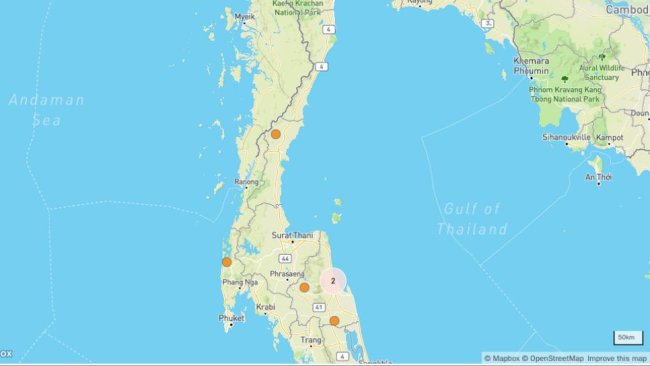 Surtos de PSA e clusters de surtos na Tailândia. © OpenStreetMap contributors. https://www.openstreetmap.org/copyright