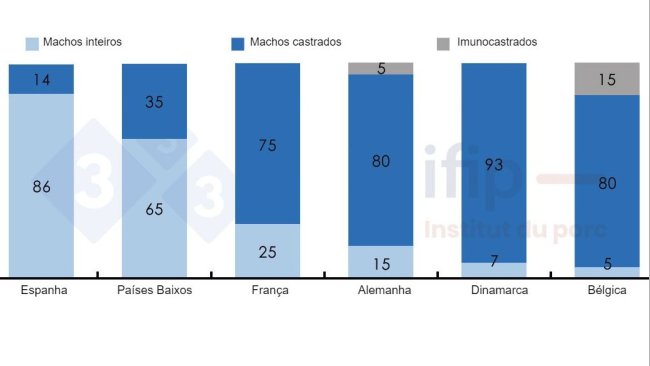 Percentagens de abate de suínos separados em machos inteiros, castrados ou imunocastrados.