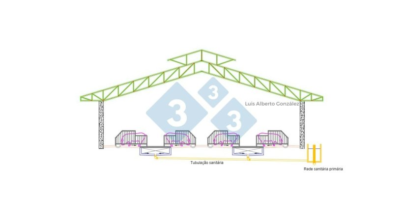Corte esquem&aacute;tico do galp&atilde;o de gesta&ccedil;&atilde;o com sistemas de drenagem.
