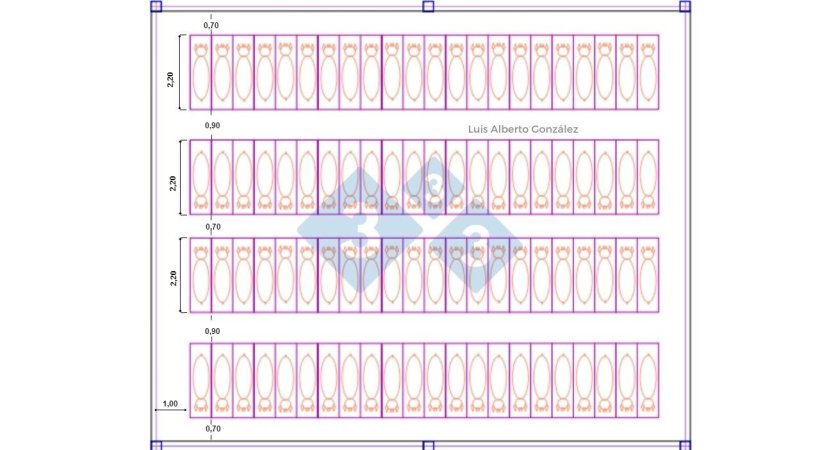 Vista superior de uma planta de gesta&ccedil;&atilde;o de com 88 gaiolas.
