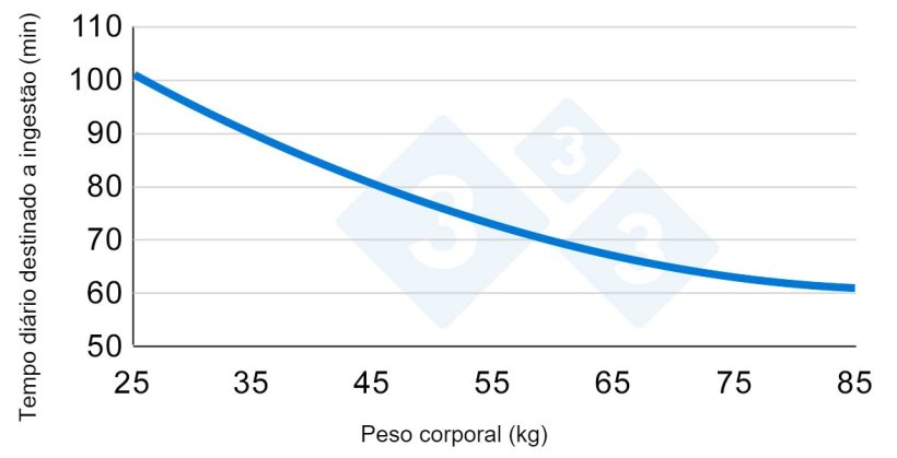 Gr&aacute;fico&nbsp;2. Varia&ccedil;&atilde;o do tempo dedicado &agrave; ingest&atilde;o durante o crescimento dos su&iacute;nos. Adaptado de Hyun et al., 1997.
