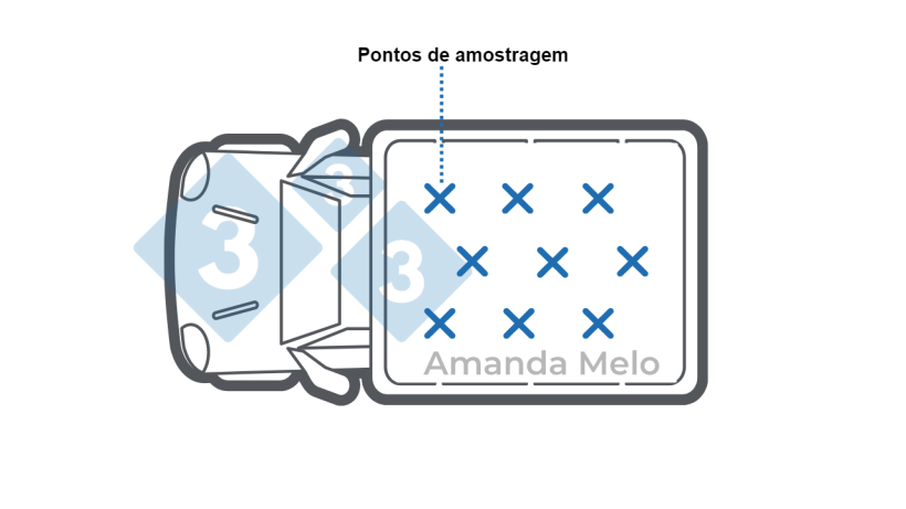 Figura 1: Esquema de pontos de amostragem com medidor tipo sonda em um caminh&atilde;o graneleiro.
