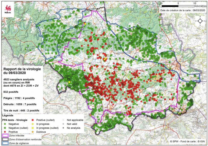 Mapa da amostragem de&nbsp;javalis at&eacute; o dia&nbsp;9 de mar&ccedil;o de 2020.
