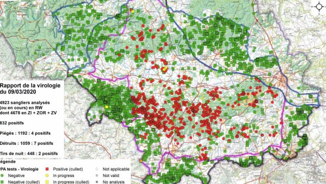 Mapa da amostragem de javalis até o dia 9 de março de 2020.