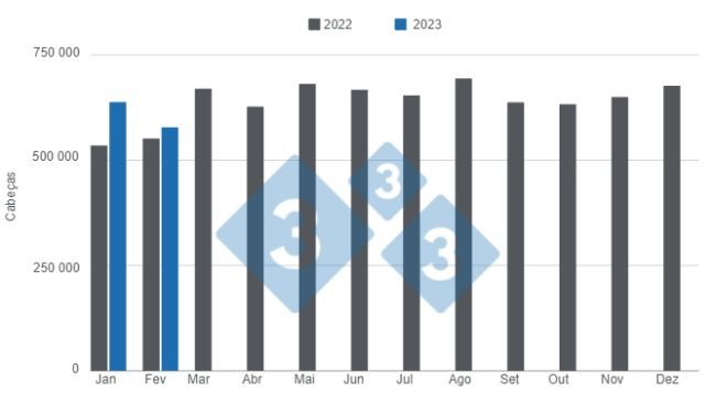Gráfico 1. Abate mensal de suínos 2023 x 2022. Elaborado pelo Departamento de Economia e Inteligência de Mercado da 333 com dados da Secretaria de Agricultura, Pecuária e Pesca do Ministério de Economia da Argentina. Números expressos em cabeças. 