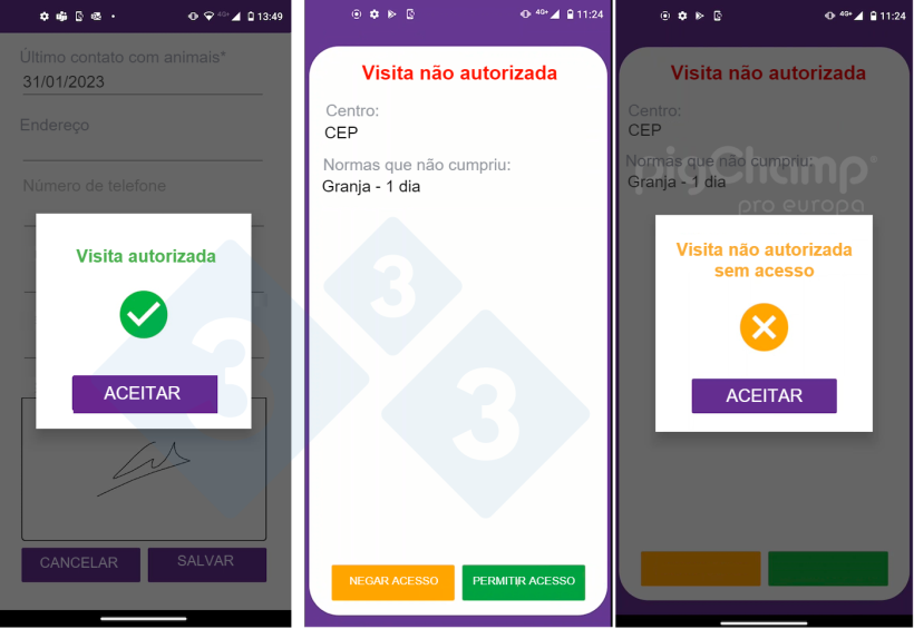 Imagem&nbsp;1. Exemplos de visita aceita (esquerda), alerta de visita n&atilde;o autorizada (central) e rejei&ccedil;&atilde;o de visita n&atilde;o autorizada (direita). AR
