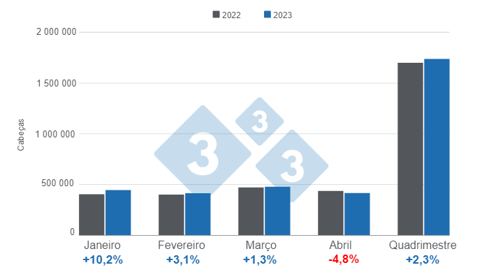 Gr&aacute;fico 1. Abate&nbsp;de su&iacute;nos na Col&ocirc;mbia no primeiro quadrimestre de 2023, n&uacute;meros em cabe&ccedil;as, Elaborado pelo Departamento de Economia e Intelig&ecirc;ncia de Mercado da 333 com dados do DANE.
