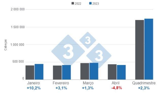 Gráfico 1. Abate de suínos na Colômbia no primeiro quadrimestre de 2023, números em cabeças, Elaborado pelo Departamento de Economia e Inteligência de Mercado da 333 com dados do DANE.