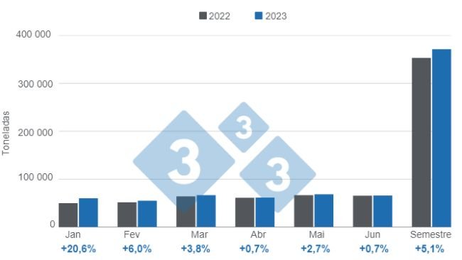 Gráfico 1: Evolução da produção de carne suína argentina no primeiro semestre de 2023. Elaborado pelo Departamento de Economia e Inteligência de Mercado da 333 com dados da Secretaria de Agricultura, Pecuária e Pesca do Ministério da Economia da Argentina.