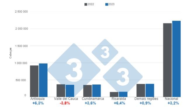 Gráfico 1. Abate acumulado de suínos de janeiro a maio de 2023 por região, variações em relação ao mesmo período de 2022. Elaborado pelo Departamento de Economia e Inteligência de Mercado da 333 com dados do DANE.