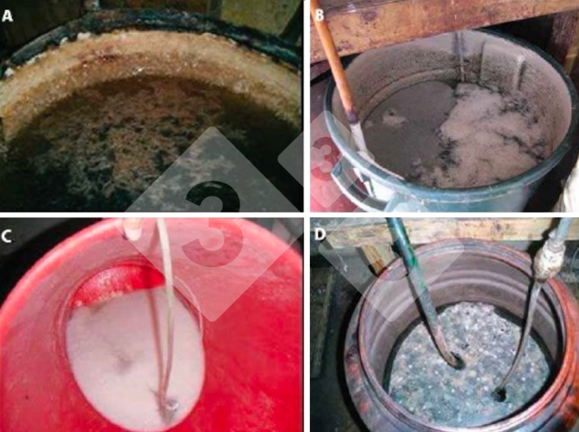 Figura 1. Solu&ccedil;&otilde;es e produtos de precipita&ccedil;&atilde;o que podem bloquear o sistema de medicamentos. A: Cristais e lama preta; B: cristais e precipitado flutuante; C: precipitado branco em solu&ccedil;&atilde;o; D: precipitado flutuante. Fonte: Dorr PM, Madson M, Wayne S, et al (2009).
