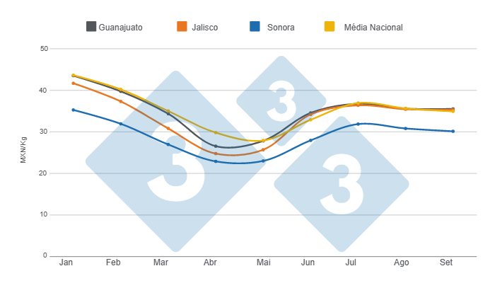 Gr&aacute;fico 2. Evolu&ccedil;&atilde;o dos pre&ccedil;os pagos ao produtor nos principais mercados e m&eacute;dia nacional, janeiro - setembro de 2023. Elaborado pelo Departamento de Economia e Intelig&ecirc;ncia de Mercado da 333 Am&eacute;rica Latina com dados do Grupo de Consultoria de Mercado Agr&iacute;cola (GCMA).

