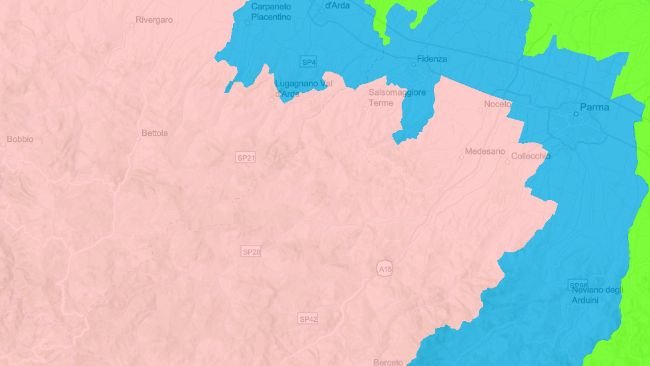 Zonas restringidas I (color azul) y II (color rosa) en la provincia de Parma y alrededores a 29 de abril de 2024. Fuente: DG-Agri.