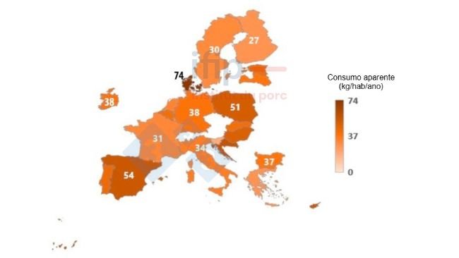 Consumo aparente de carne de porco em 2023 na UE-27 Fonte: Ifip com base em dados do JRC.