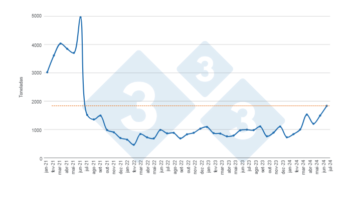 Gr&aacute;fico 1. Evolu&ccedil;&atilde;o das exporta&ccedil;&otilde;es mensais de carne su&iacute;na no per&iacute;odo de janeiro de 2021 a julho de 2024. Elaborado pelo Departamento de Economia e Intelig&ecirc;ncia de Mercado da 333 Am&eacute;rica Latina com dados da Secretaria de Agricultura, Pecu&aacute;ria e Pesca do Minist&eacute;rio da Economia da Argentina.
