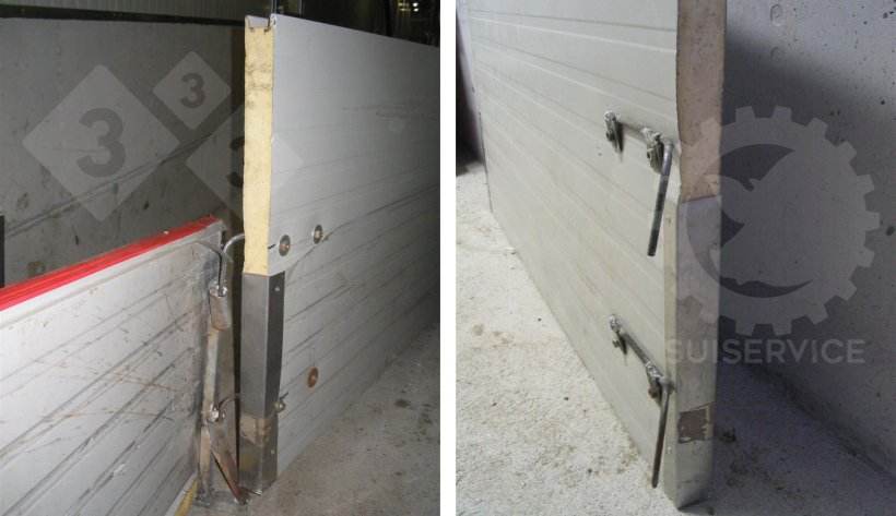 Detalhe do sistema de acoplamento do painel que redireciona para a rampa: duas barras de ferro convenientemente dobradas e fixadas ao painel s&atilde;o inseridas em dois tubos correspondentes fixados no painel esquerdo da rampa. A mobilidade do acoplamento permite o movimento vertical da rampa e o movimento horizontal do painel sem risco de desengate.
