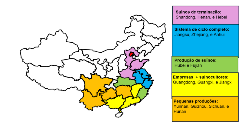 Distribui&ccedil;&atilde;o geogr&aacute;fica e modos operacionais da ind&uacute;stria su&iacute;na da China por prov&iacute;ncia. Fonte: USDA de ATO Beijing.

