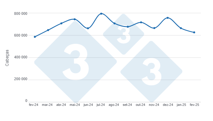 Gr&aacute;fico 1: Evolu&ccedil;&atilde;o do abate mensal de su&iacute;nos nos &uacute;ltimos 12 meses. Elaborado pelo Departamento de Economia e Sustentabilidade da 333 Am&eacute;rica Latina com dados da Secretaria de Agricultura, Pecu&aacute;ria e Pesca do Minist&eacute;rio da Economia da Argentina.
