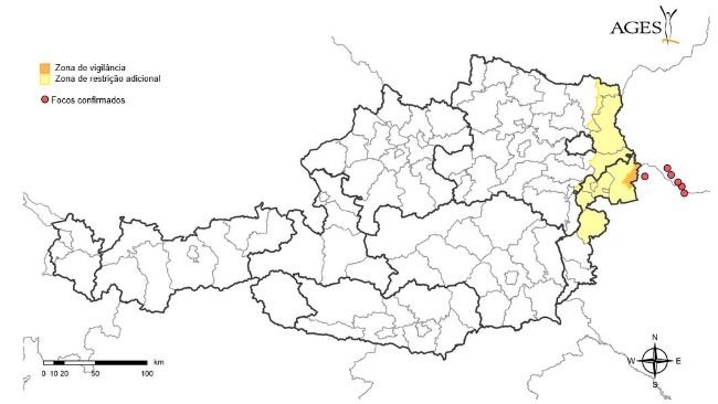 Surtos de febre aftosa na Hungria e na Eslováquia confirmados entre 1 de janeiro de 2025 e 26 de março de 2025 e zonas de restrição e vigilância implementadas na Áustria. Fonte: AGES.