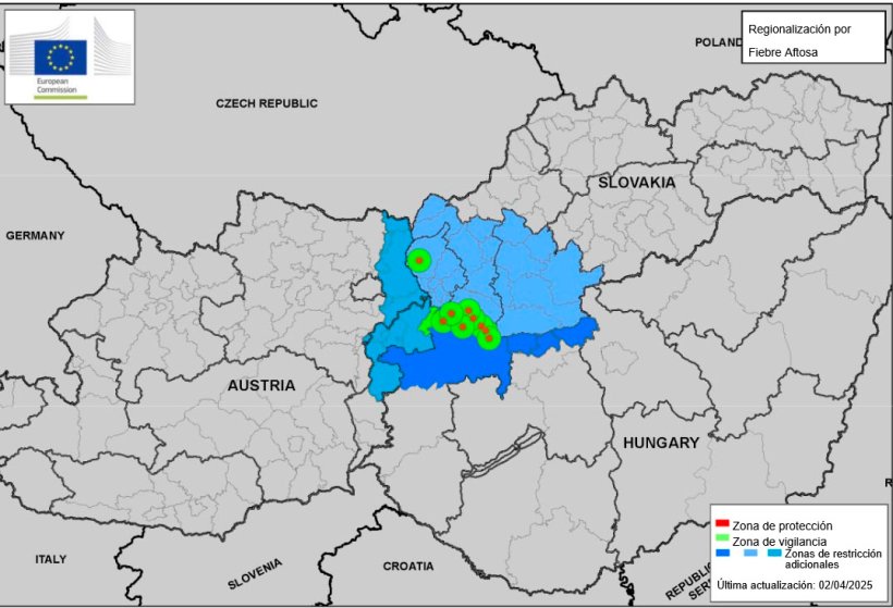 Zonas de protecci&oacute;n y vigilancia y zona de restricci&oacute;n adicional seg&uacute;n el Documento PLAN/FMD08 REV1/2025 2025-SANTE G2. &Uacute;ltima actualizaci&oacute;n 02/04/2025. Fuente: CE.