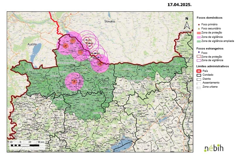 Focos de febre aftosa at&eacute; 17 de abril de 2025. Fonte: N&eacute;bih.
