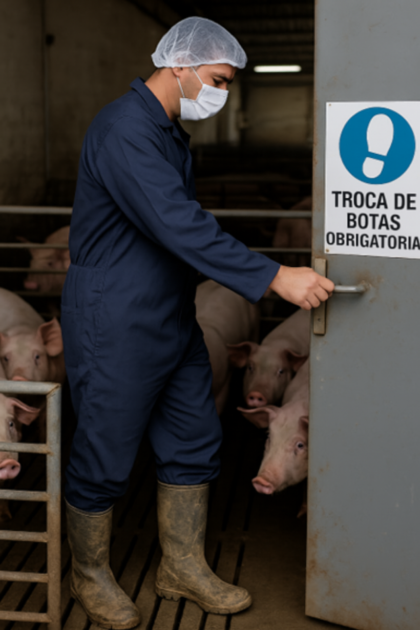 Imagem 1. Trabalhador em uma granja de su&iacute;nos atravessa diferentes &aacute;reas sem trocar as botas, ignorando o protocolo de biosseguridade indicado. Imagem gerada por intelig&ecirc;ncia artificial para fins ilustrativos (OpenAI, 2025).
